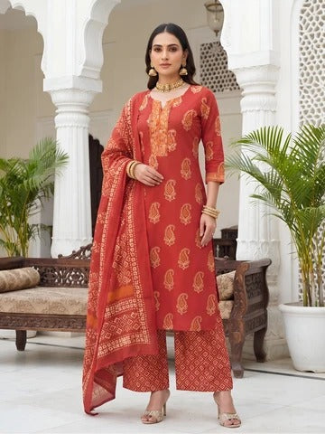 Rust Printed Straight Kurta Set With Dupatta for Women