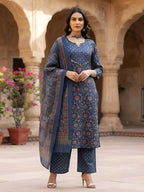 Blue Printed Straight Kurta Set With Dupatta for Women