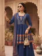 Blue Printed Peplum Kurta Set With Dupatta for Women