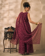 Wine Floral Print Georgette Butta Peplum Top & Palazzo With Dupatta Indo Western Women 3 Piece Set