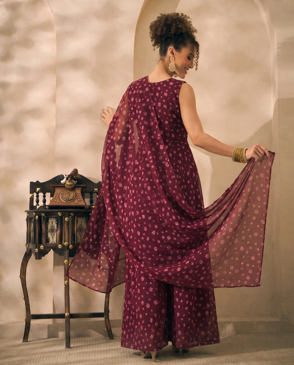 Wine Floral Print Georgette Butta Peplum Top & Palazzo With Dupatta Indo Western Women 3 Piece Set