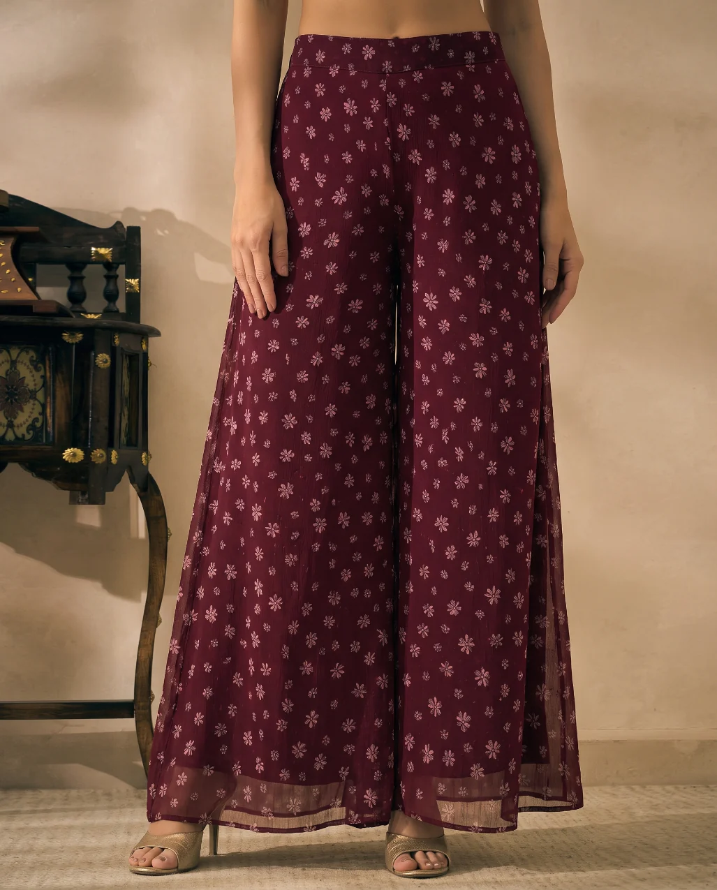 Wine Floral Print Georgette Butta Peplum Top & Palazzo With Dupatta Indo Western Women 3 Piece Set