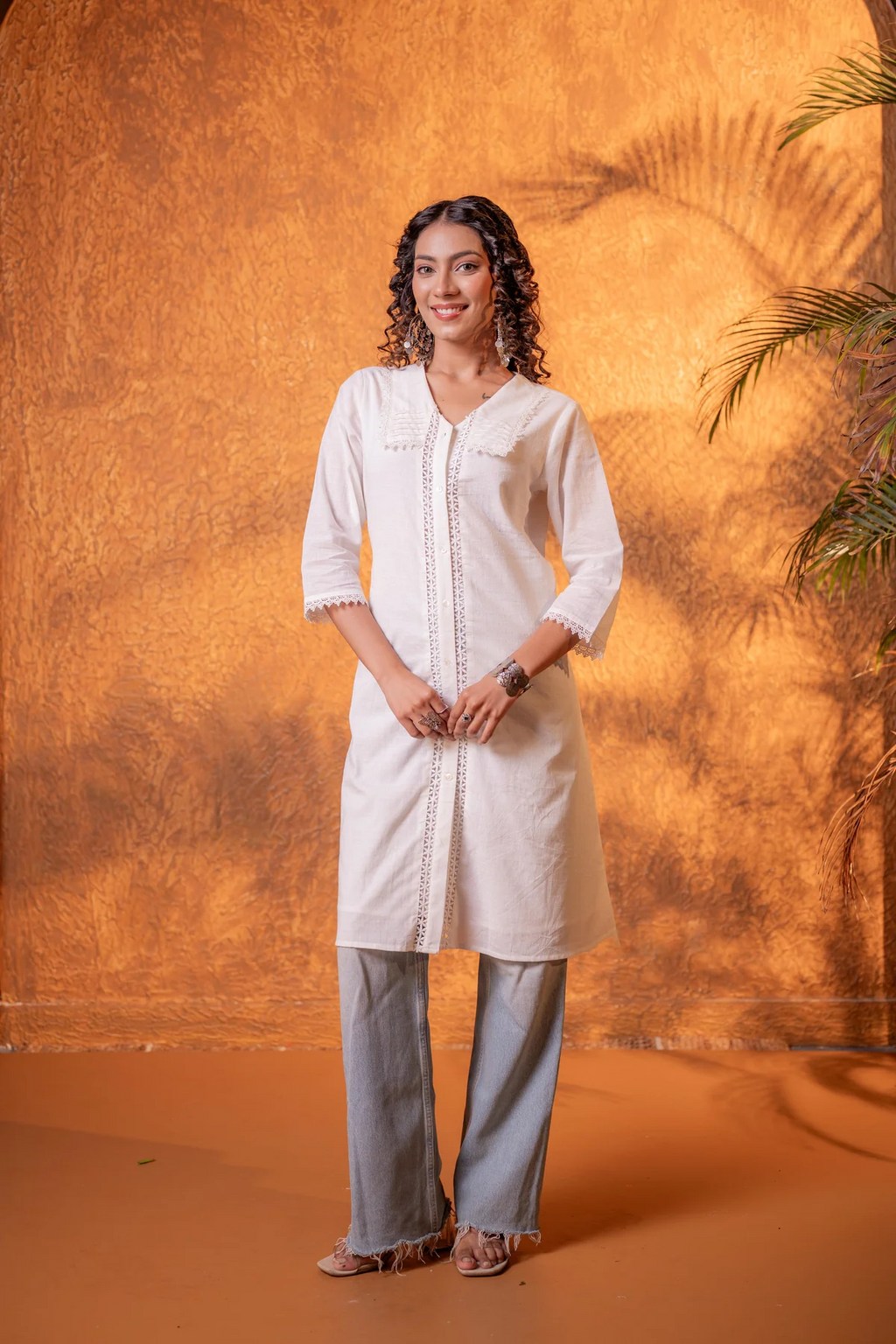 White Lace-Detailed Kurta