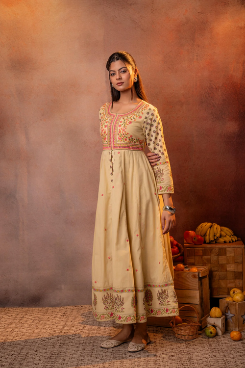 Buttercream Yellow Floral Printed Anarkali Slit Dress