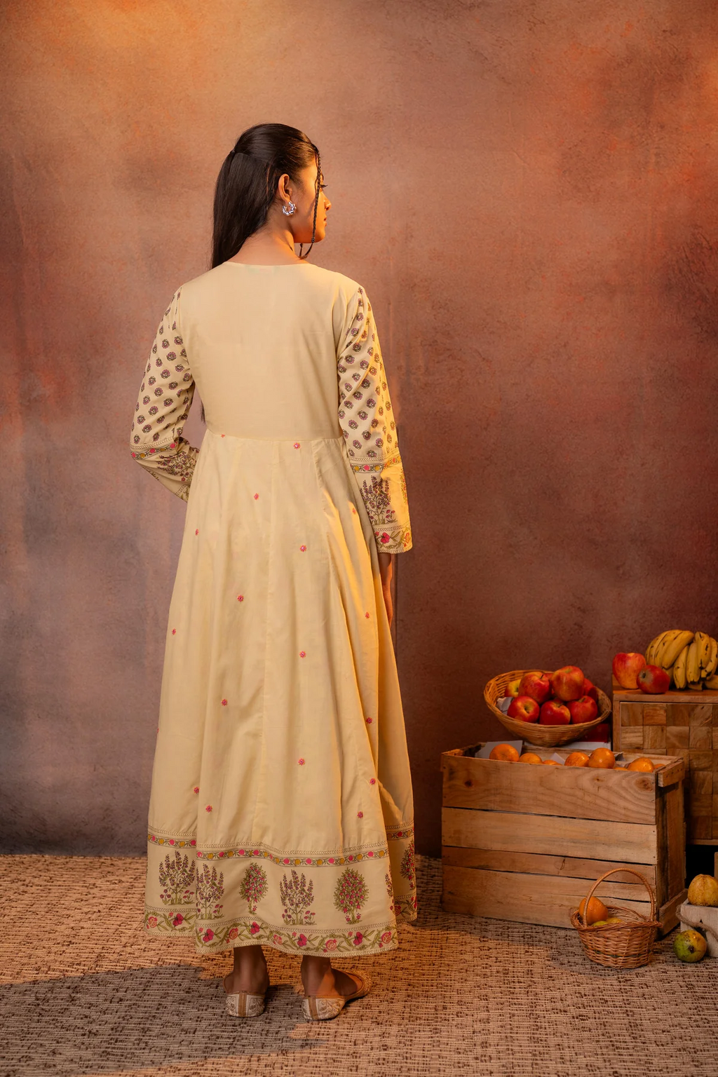 Buttercream Yellow Floral Printed Anarkali Slit Dress