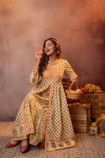 Buttercream Yellow Floral Printed Anarkali Dress