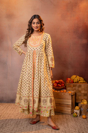 Buttercream Yellow Floral Printed Anarkali Dress