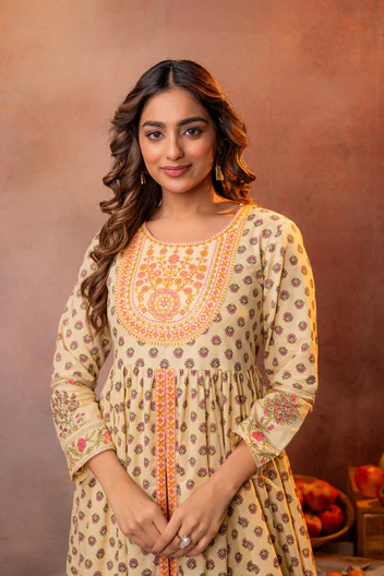 Buttercream Yellow Floral Printed Anarkali Dress
