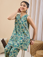 Janasya Women's Light Green Pure Cotton Floral Printed A-line Co-ord Set