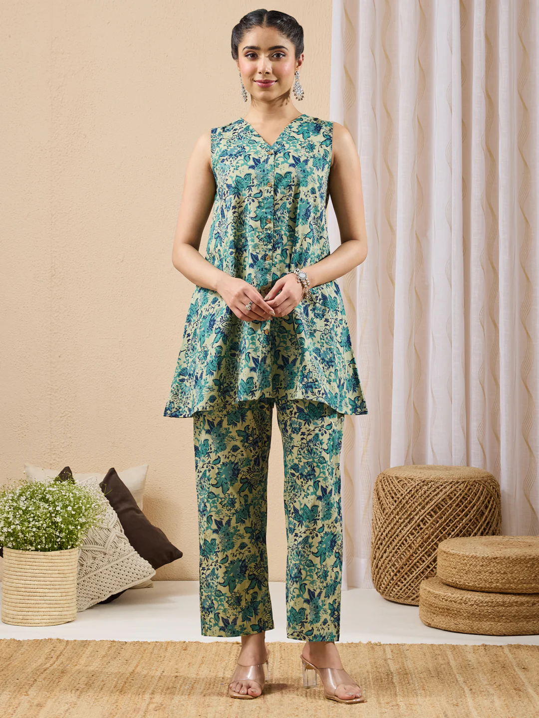 Janasya Women's Light Green Pure Cotton Floral Printed A-line Co-ord Set