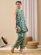 Janasya Women's Light Green Pure Cotton Floral Printed A-line Co-ord Set