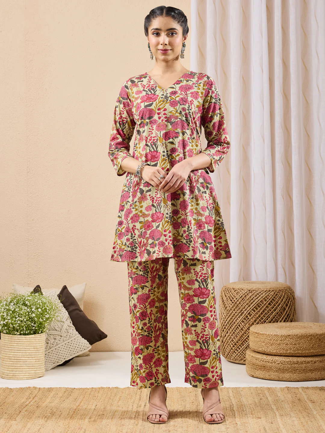 Janasya Women's Mint Color Cotton Floral Printed A-line Co-ord Set