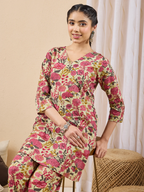 Janasya Women's Mint Color Cotton Floral Printed A-line Co-ord Set