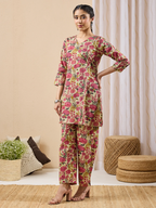 Janasya Women's Mint Color Cotton Floral Printed A-line Co-ord Set