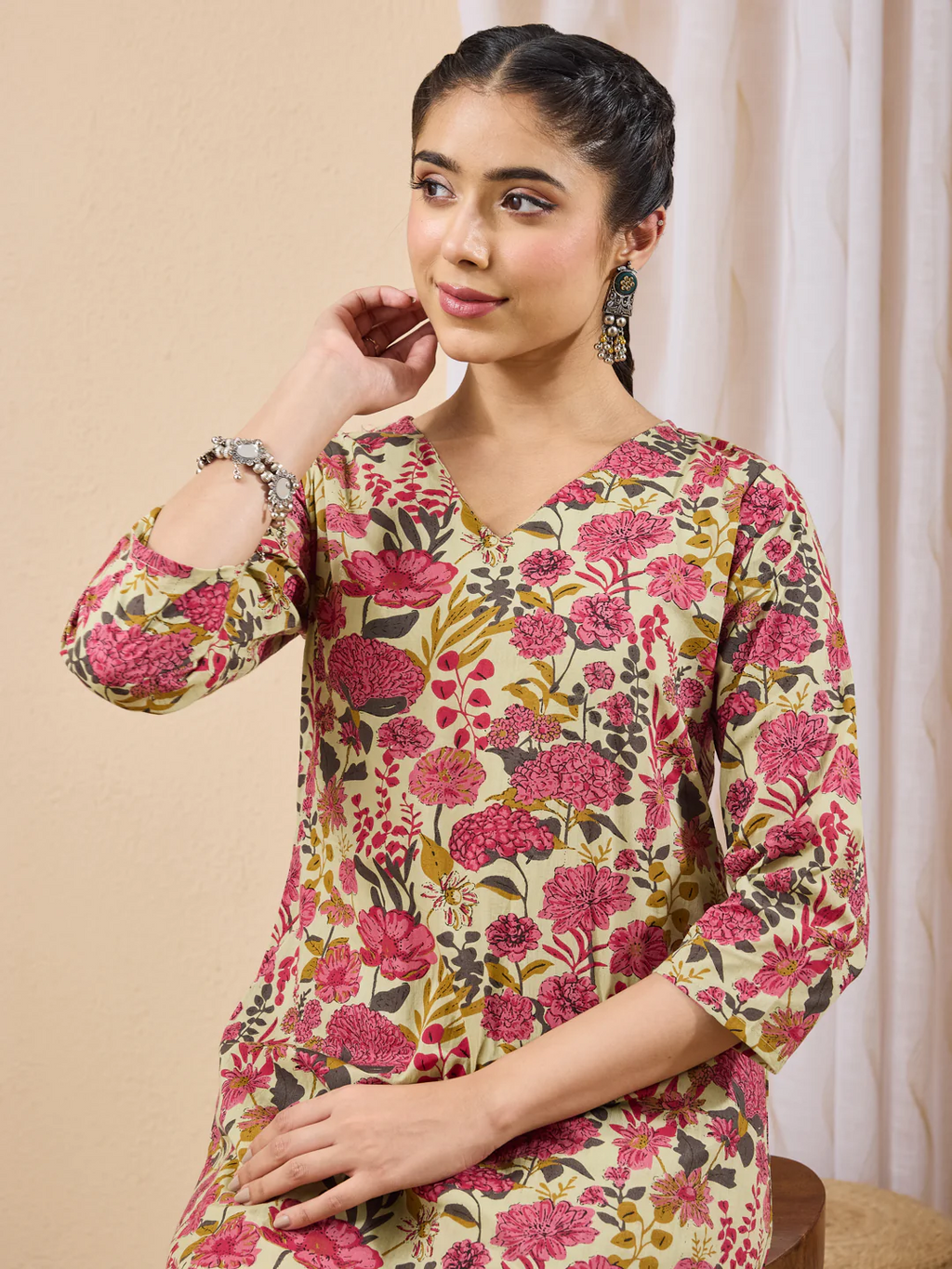 Janasya Women's Mint Color Cotton Floral Printed A-line Co-ord Set