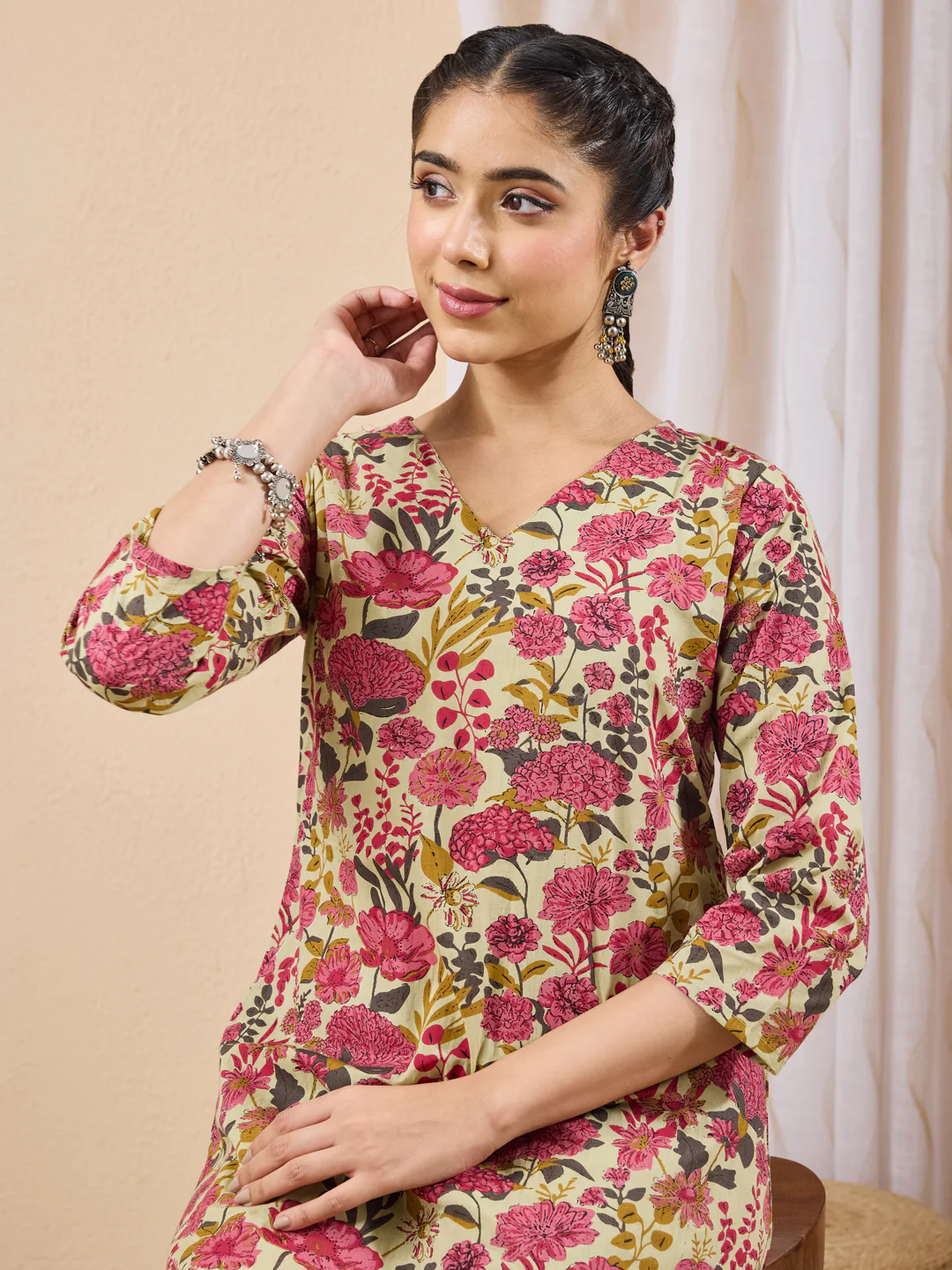Janasya Women's Mint Color Cotton Floral Printed A-line Co-ord Set