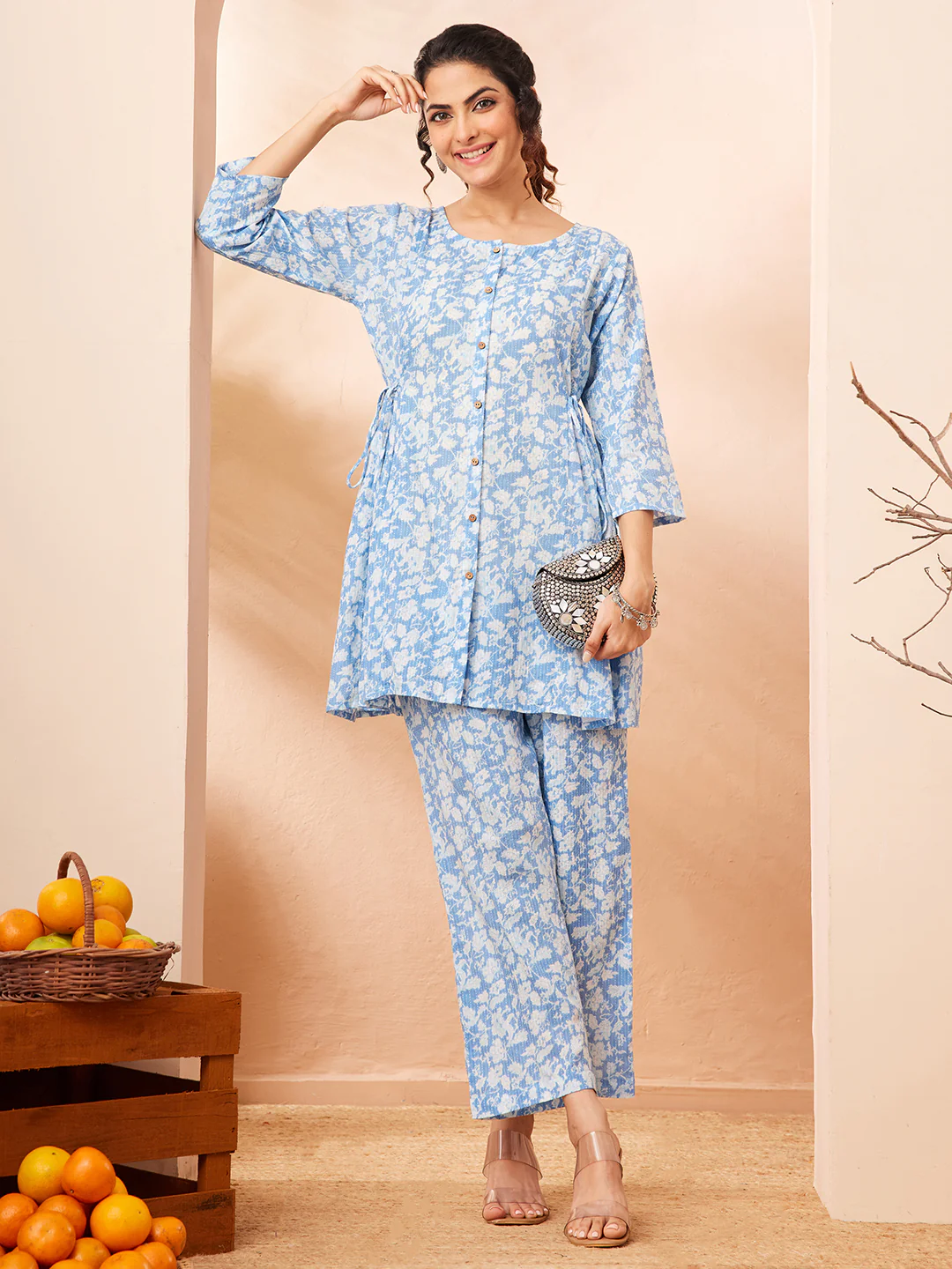 Janasya Women's Light Blue Pure Cotton Floral Printed A-line Co-ord Set