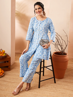 Janasya Women's Light Blue Pure Cotton Floral Printed A-line Co-ord Set