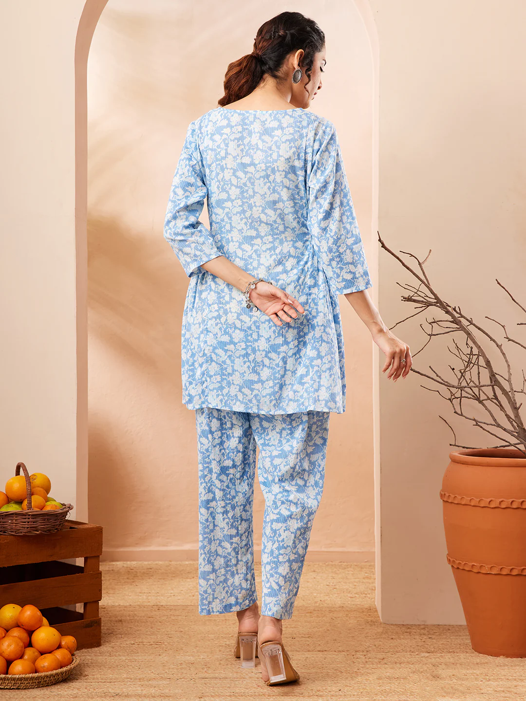 Janasya Women's Light Blue Pure Cotton Floral Printed A-line Co-ord Set
