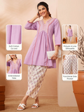 Janasya Women's Lavender Pure Cotton Yoke Embroidered A-line Co-ord Set