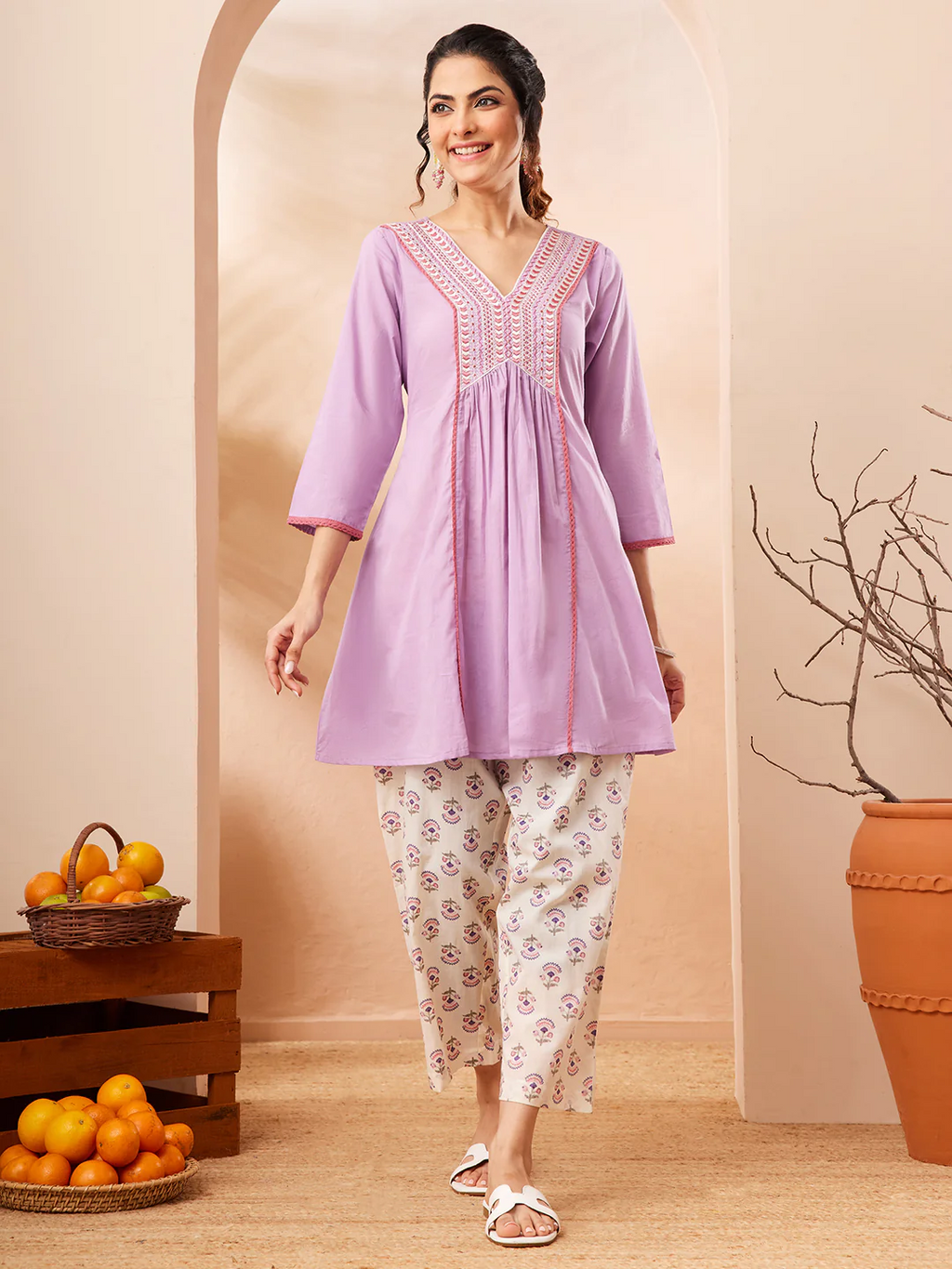 Janasya Women's Lavender Pure Cotton Yoke Embroidered A-line Co-ord Set