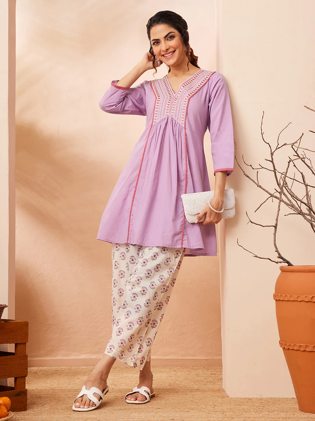 Janasya Women's Lavender Pure Cotton Yoke Embroidered A-line Co-ord Set