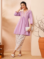 Janasya Women's Lavender Pure Cotton Yoke Embroidered A-line Co-ord Set