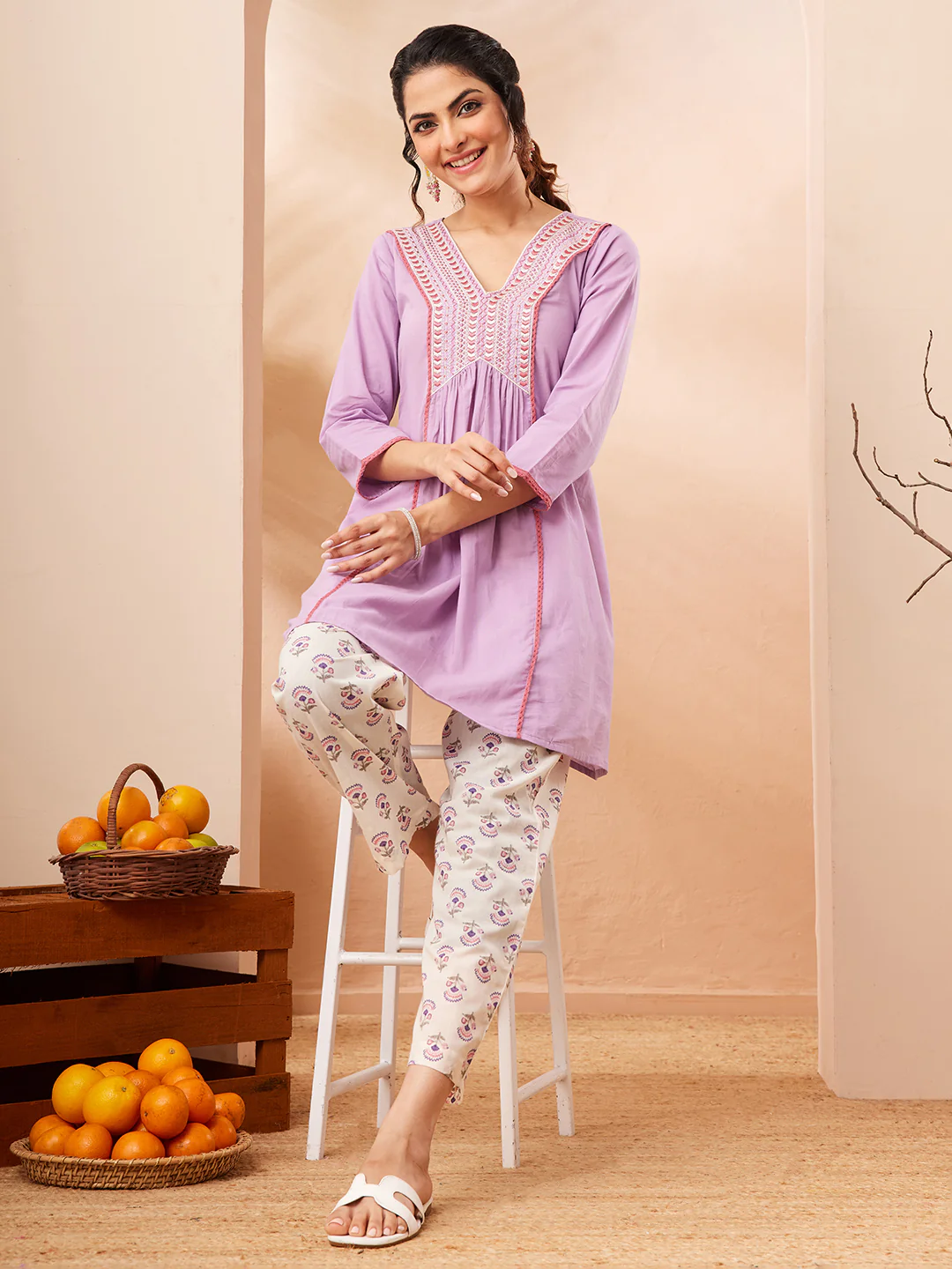 Janasya Women's Lavender Pure Cotton Yoke Embroidered A-line Co-ord Set