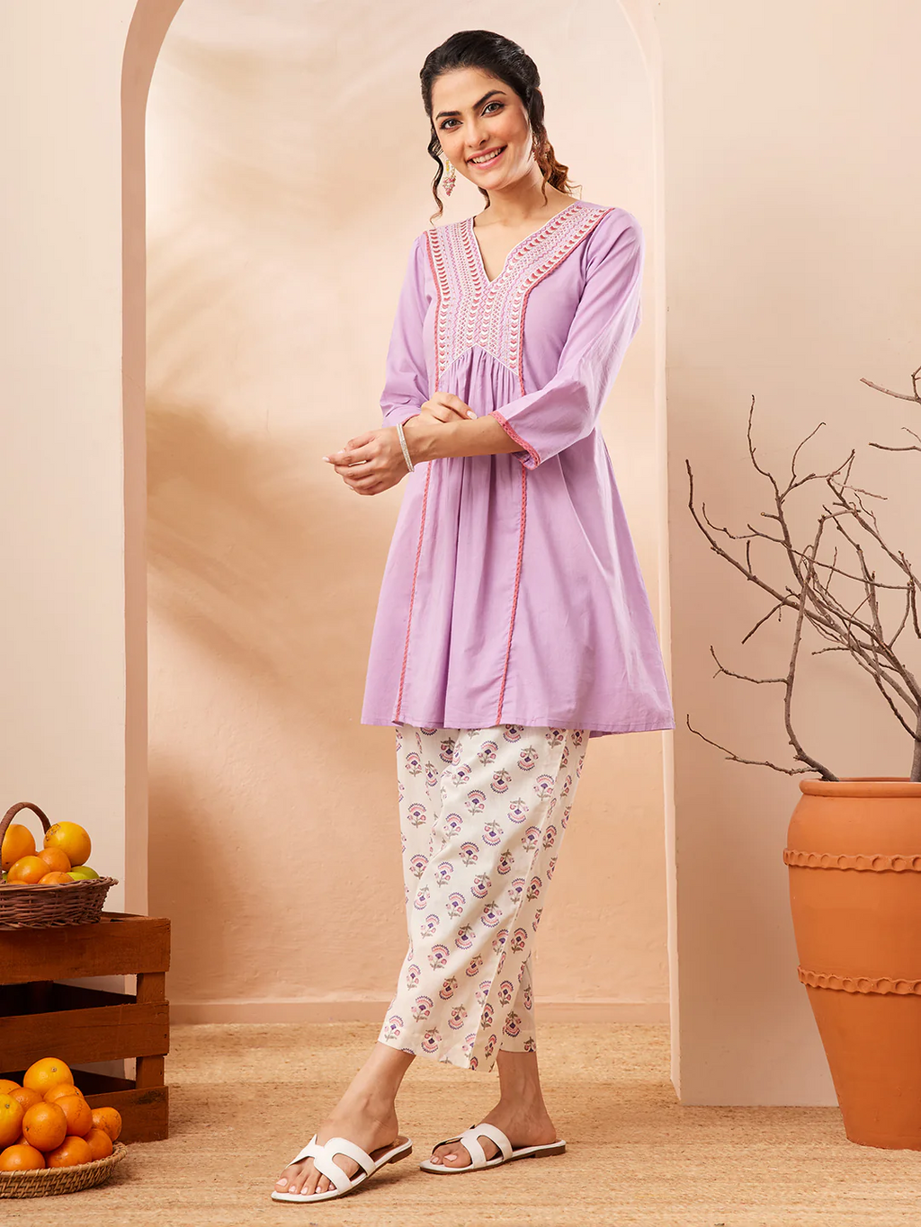 Janasya Women's Lavender Pure Cotton Yoke Embroidered A-line Co-ord Set