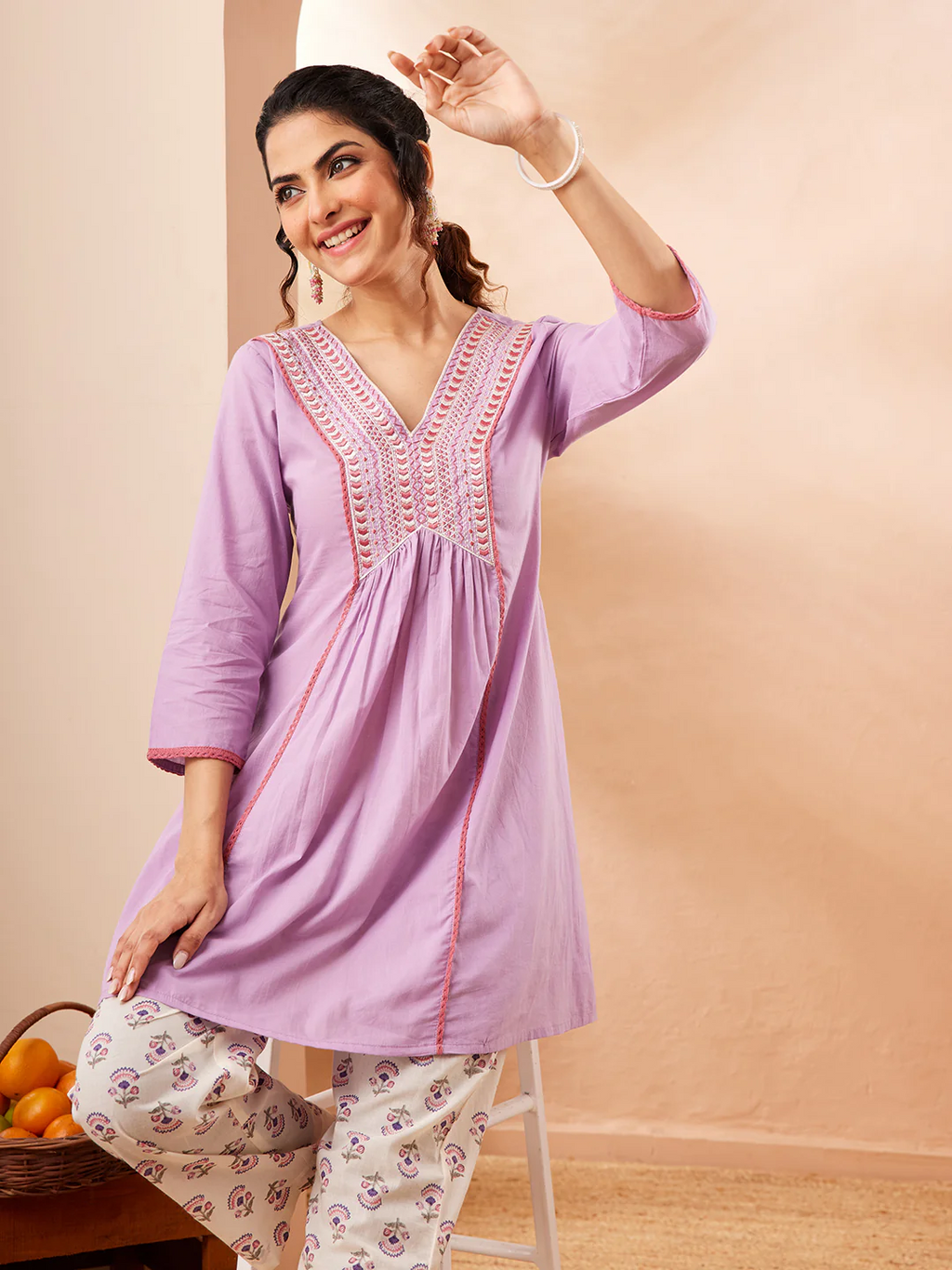 Janasya Women's Lavender Pure Cotton Yoke Embroidered A-line Co-ord Set