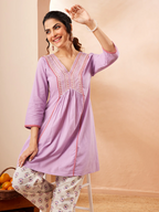 Janasya Women's Lavender Pure Cotton Yoke Embroidered A-line Co-ord Set
