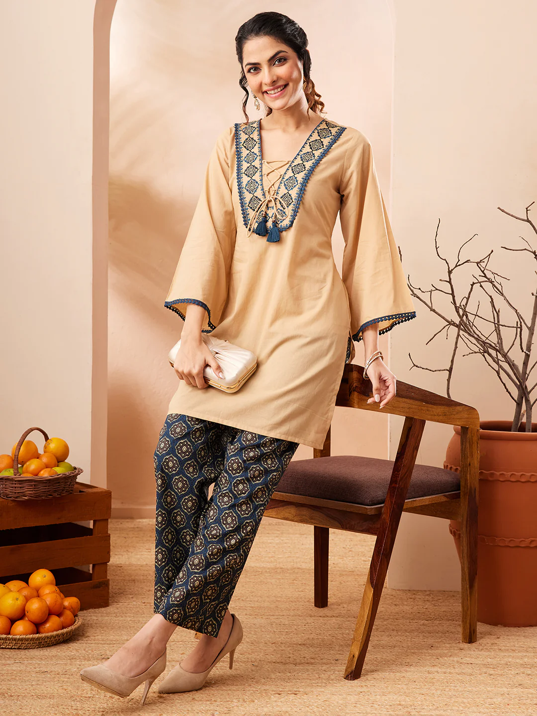 Janasya Women's Beige Pure Cotton Yoke Embroidery Straight Co-ord Set
