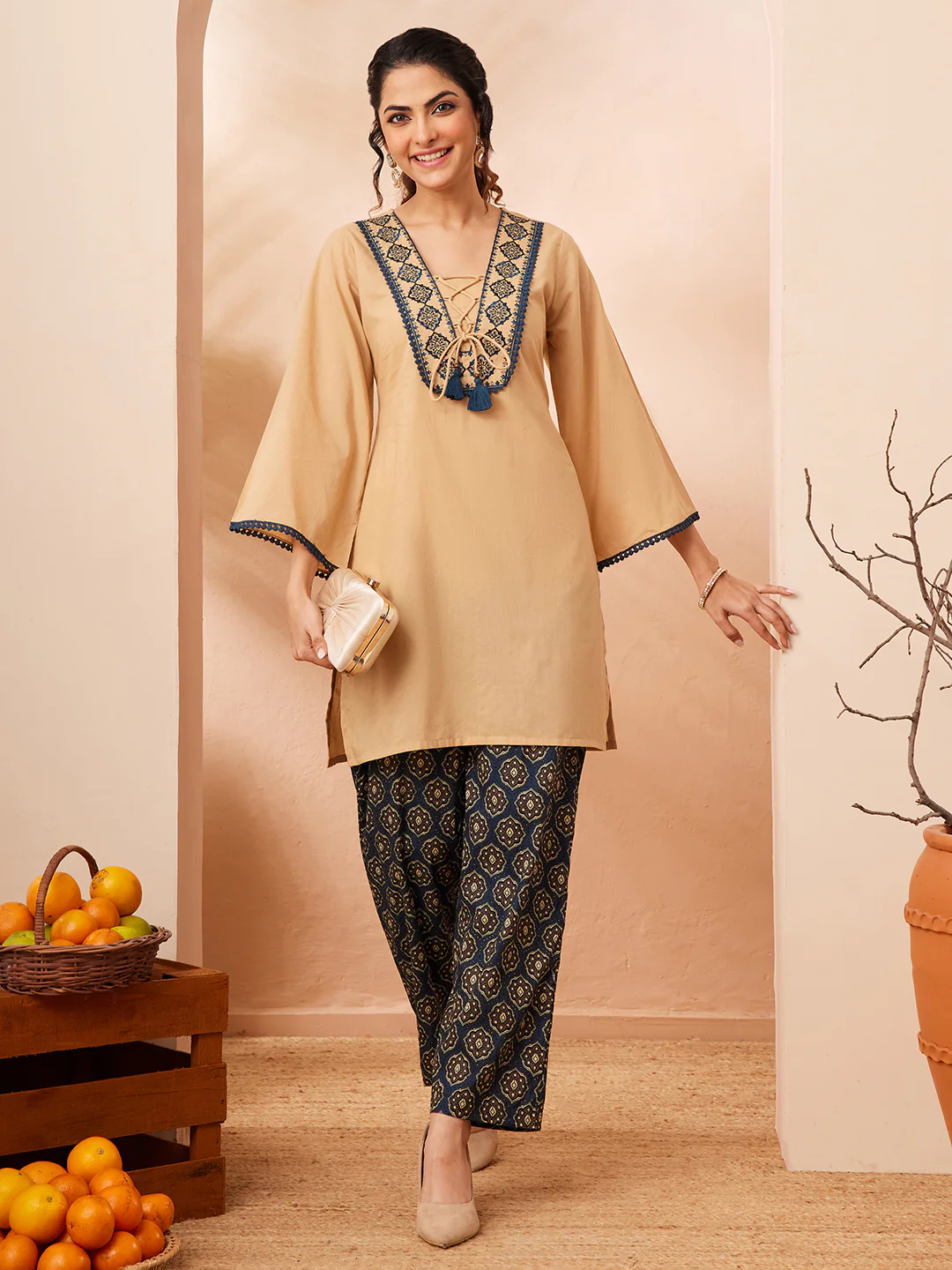 Janasya Women's Beige Pure Cotton Yoke Embroidery Straight Co-ord Set