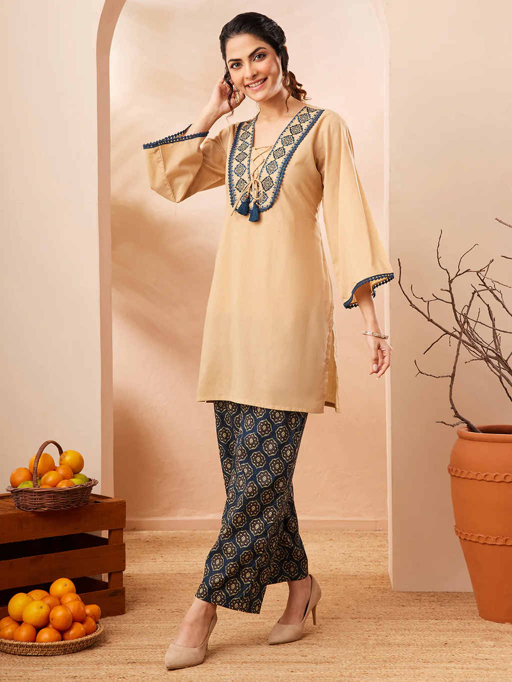Janasya Women's Beige Pure Cotton Yoke Embroidery Straight Co-ord Set