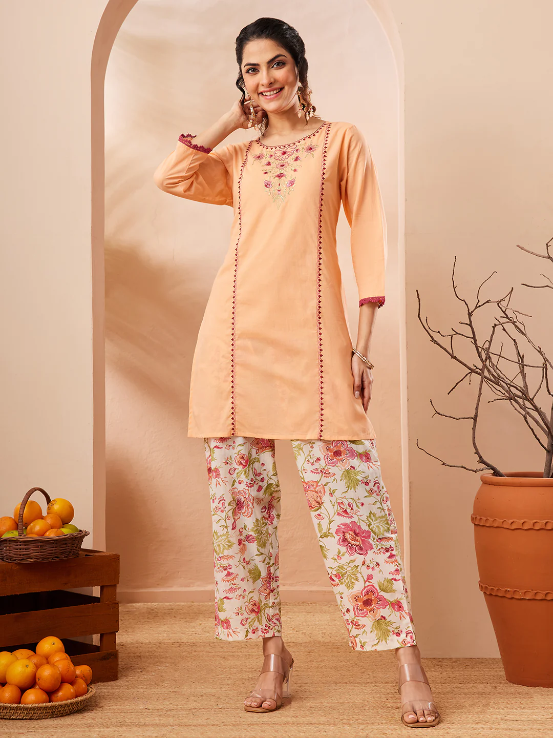 Janasya Women's Peach Pure Cotton Yoke Embroidered Straight Co-ord Set