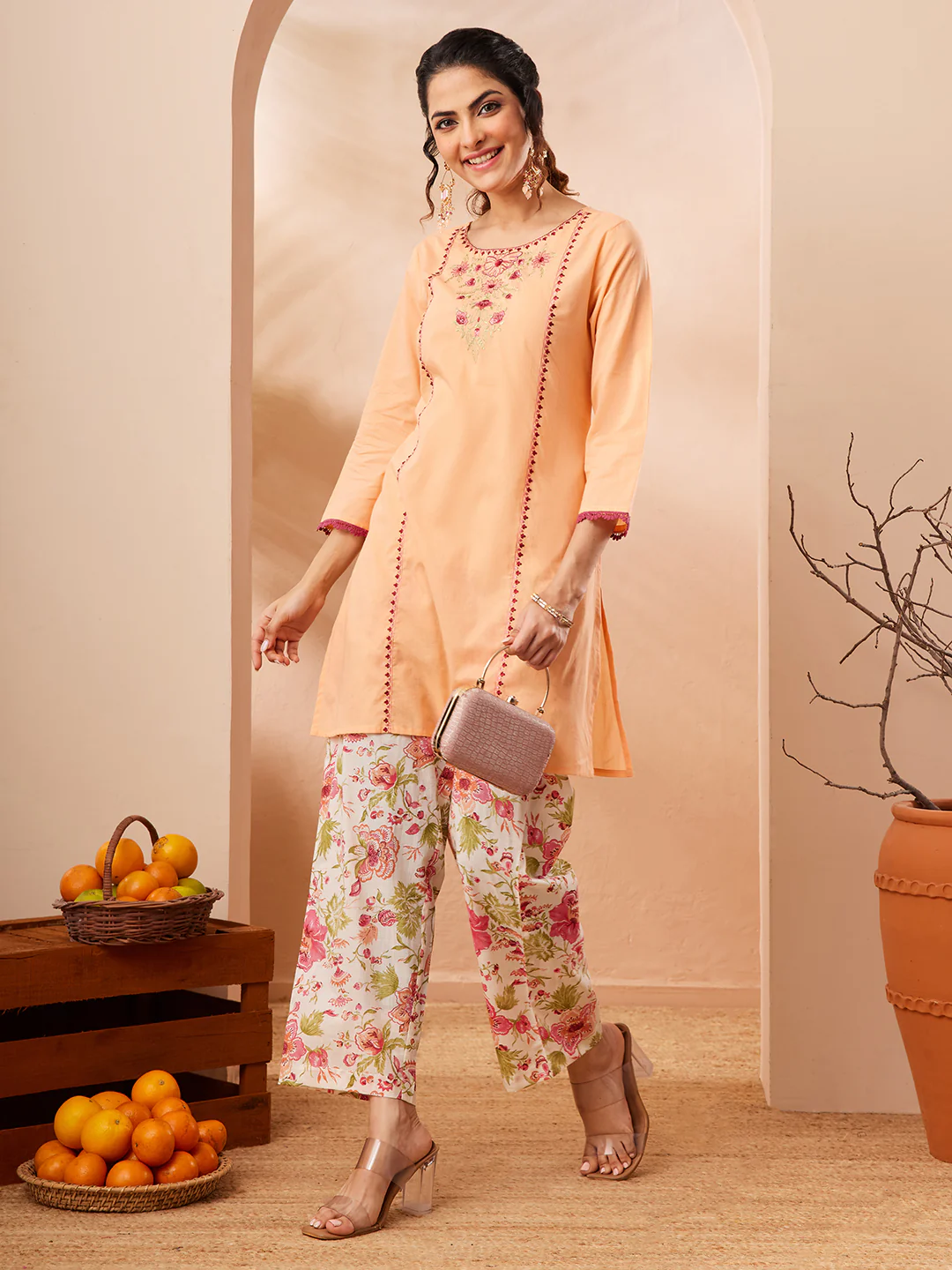 Janasya Women's Peach Pure Cotton Yoke Embroidered Straight Co-ord Set