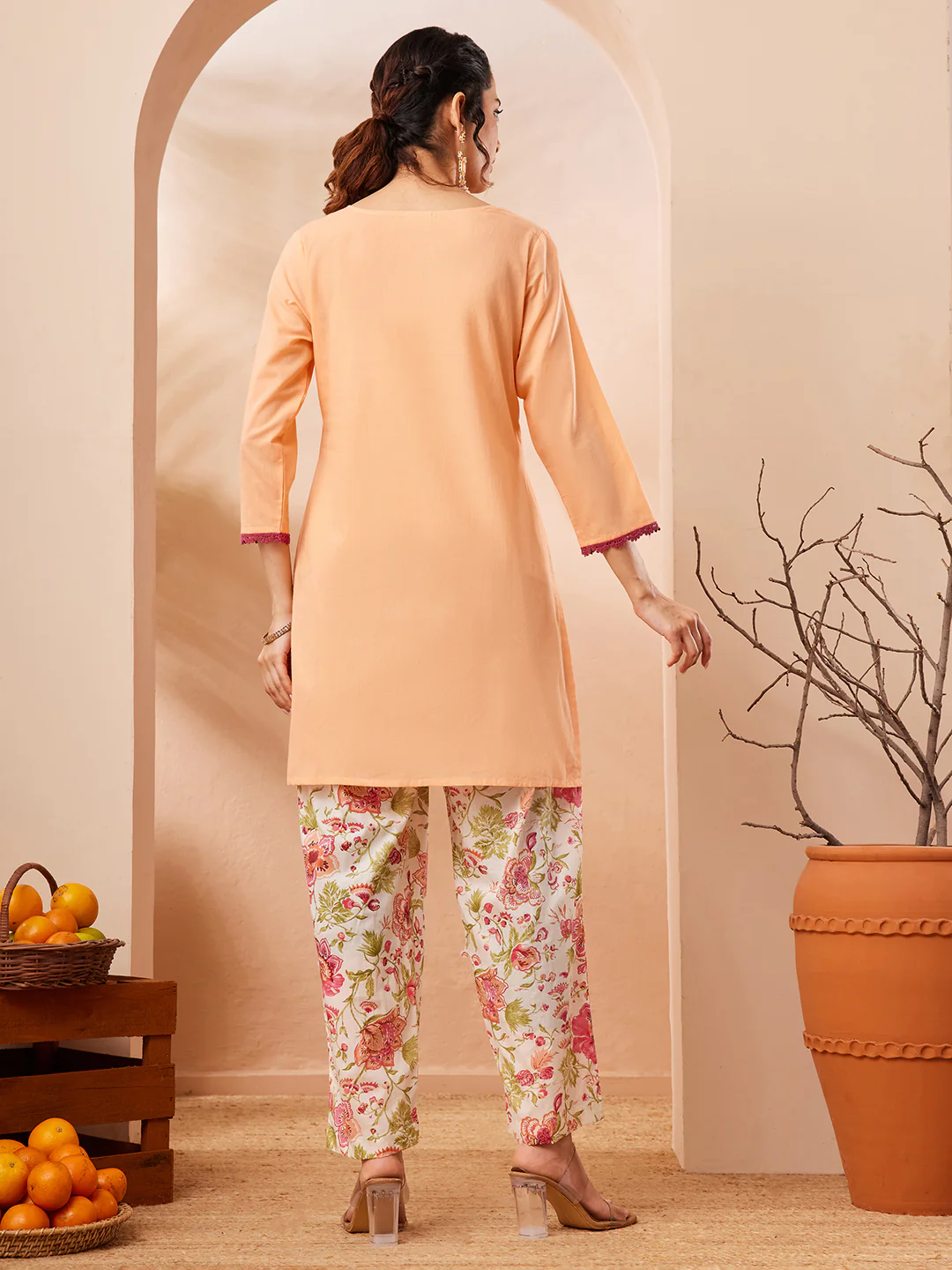 Janasya Women's Peach Pure Cotton Yoke Embroidered Straight Co-ord Set