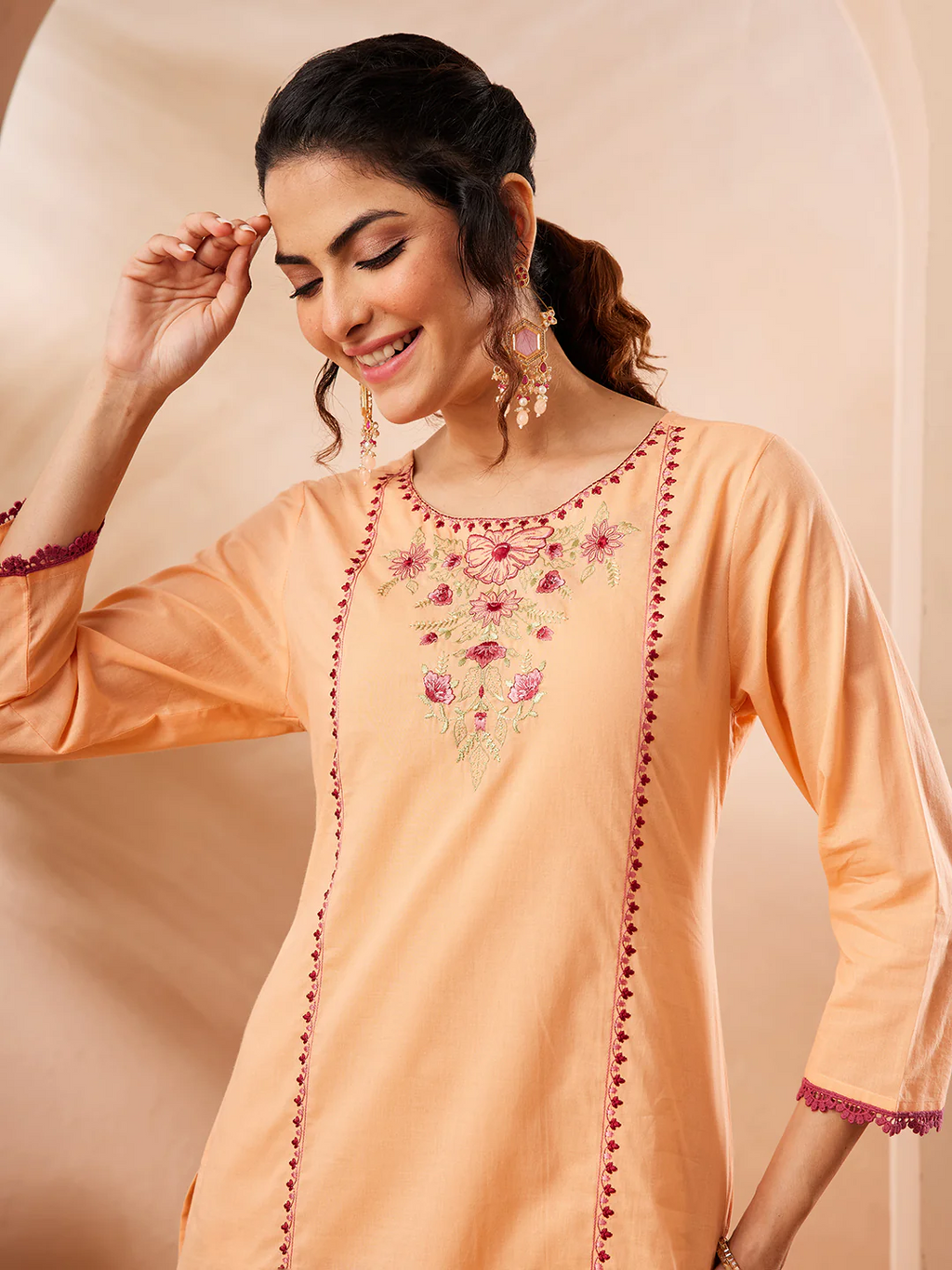 Janasya Women's Peach Pure Cotton Yoke Embroidered Straight Co-ord Set