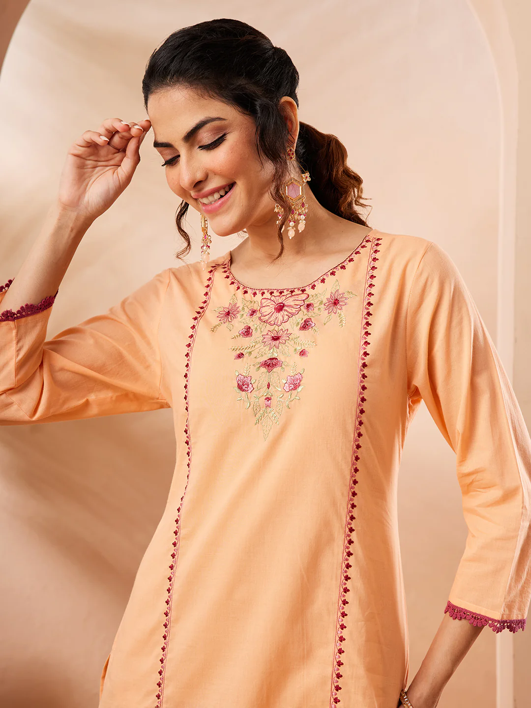 Janasya Women's Peach Pure Cotton Yoke Embroidered Straight Co-ord Set