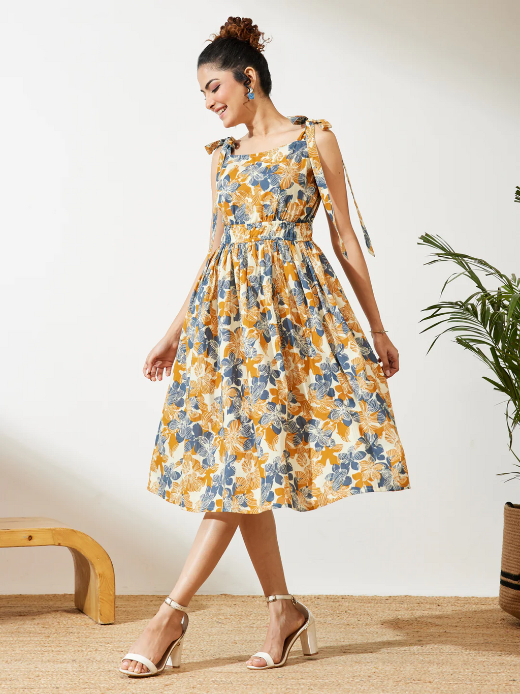 Janasya Women's Cream Pure Cotton Floral Printed Fit & Flare Dress