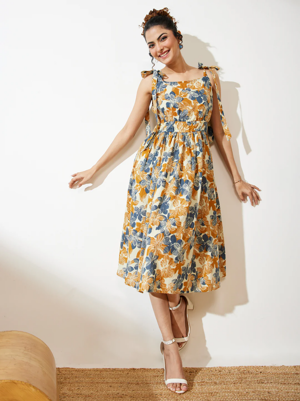 Janasya Women's Cream Pure Cotton Floral Printed Fit & Flare Dress