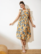 Janasya Women's Cream Pure Cotton Floral Printed Fit & Flare Dress
