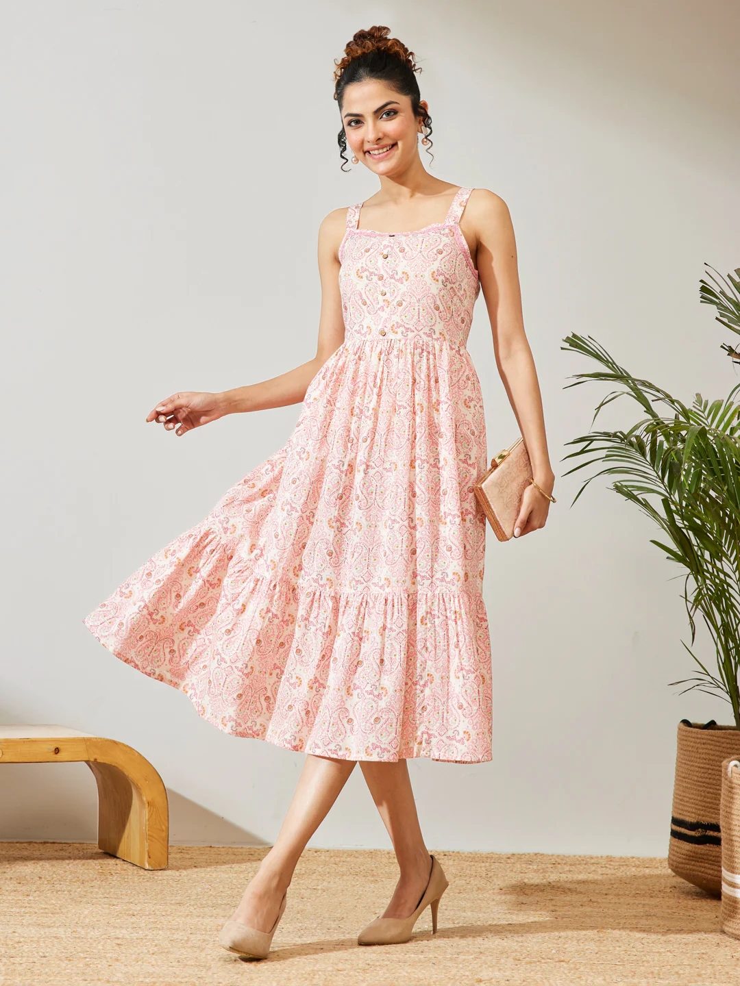 Janasya Women's Peach Pure Cotton Paisley Printed Fit & Flare Dress