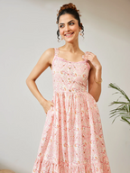 Janasya Women's Peach Pure Cotton Paisley Printed Fit & Flare Dress