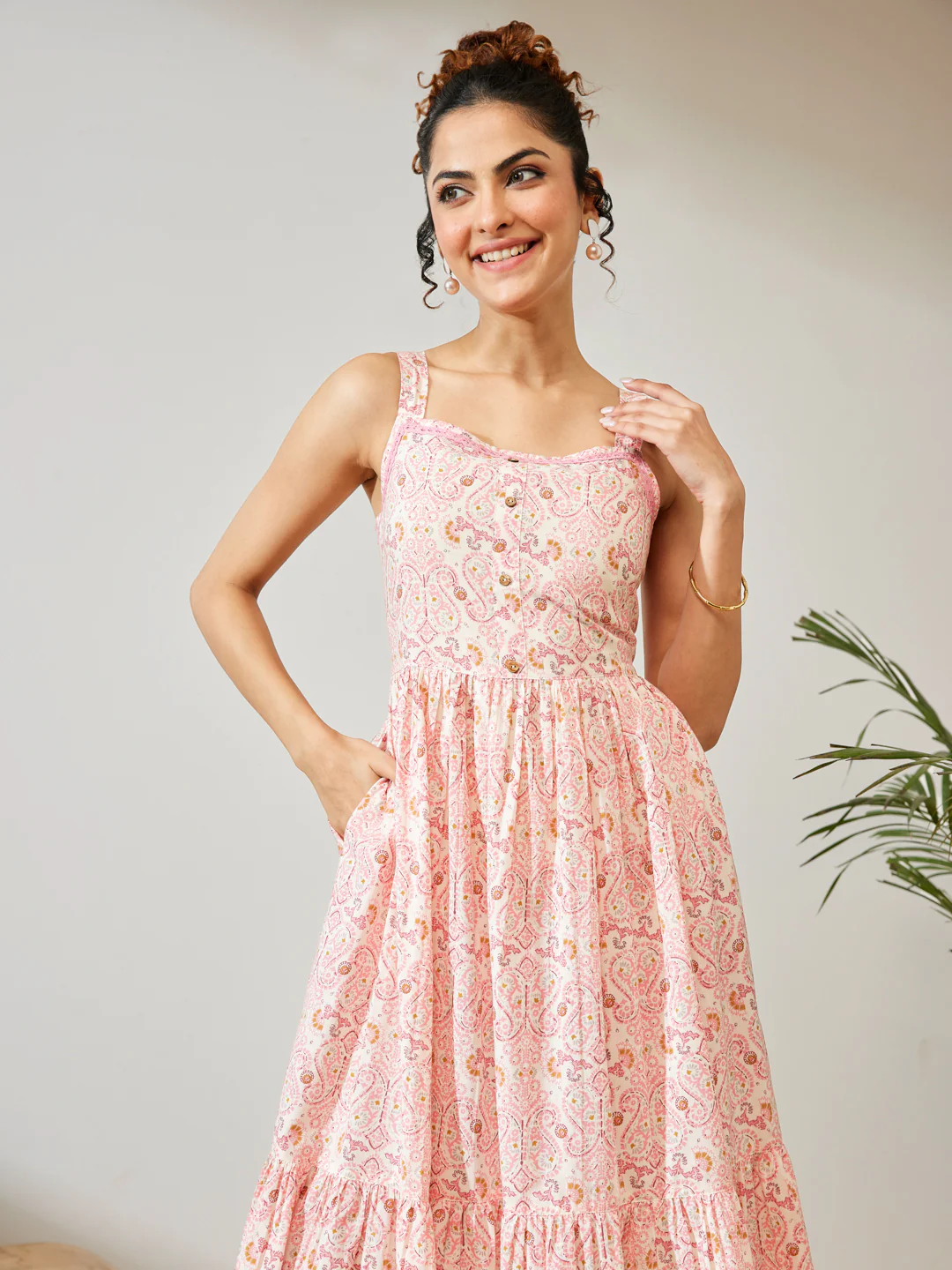 Janasya Women's Peach Pure Cotton Paisley Printed Fit & Flare Dress