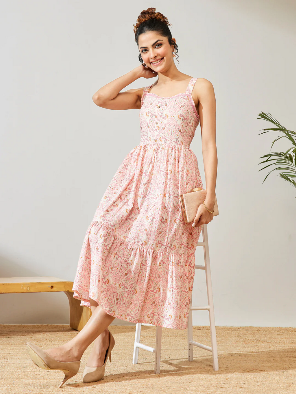 Janasya Women's Peach Pure Cotton Paisley Printed Fit & Flare Dress