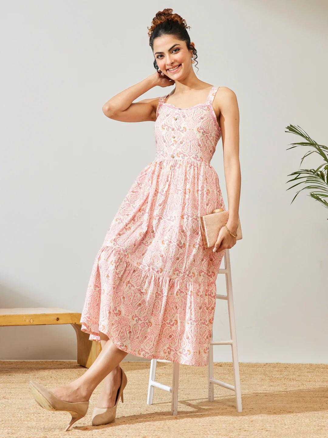 Janasya Women's Peach Pure Cotton Paisley Printed Fit & Flare Dress