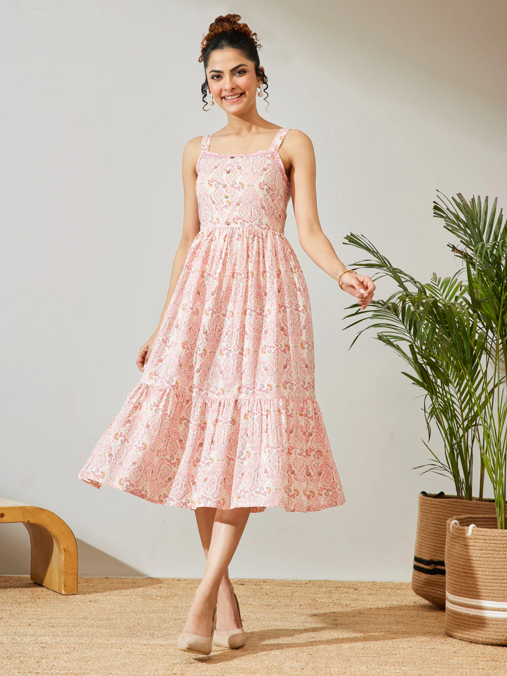 Janasya Women's Peach Pure Cotton Paisley Printed Fit & Flare Dress