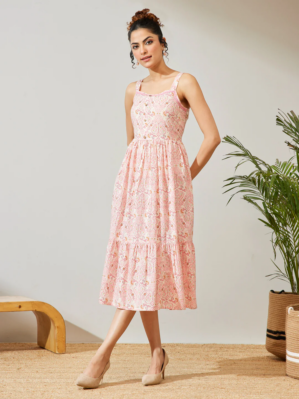 Janasya Women's Peach Pure Cotton Paisley Printed Fit & Flare Dress