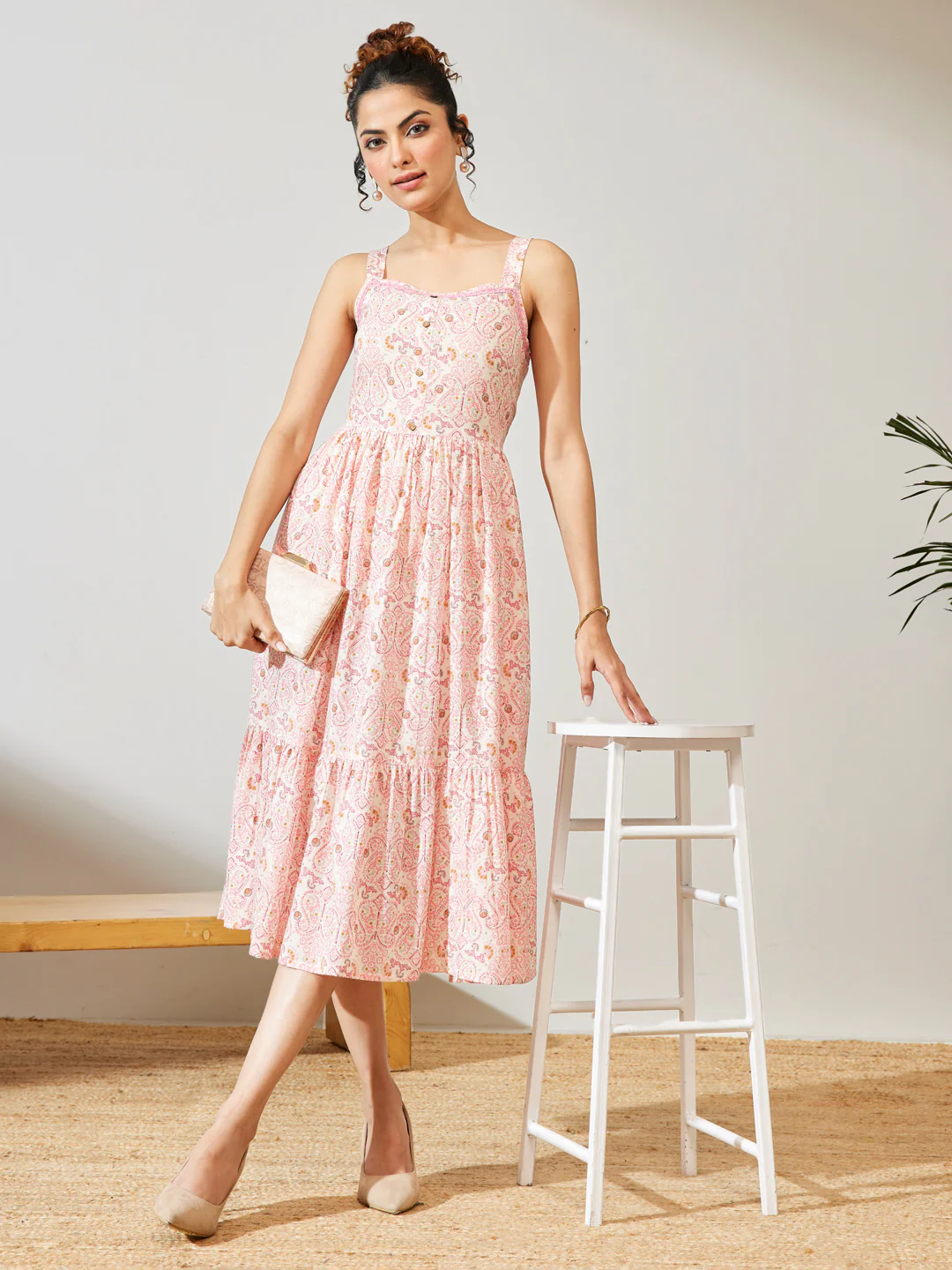 Janasya Women's Peach Pure Cotton Paisley Printed Fit & Flare Dress